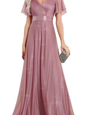 Ever Pretty Sparkle Maxi Dress in Dusty Rose - V-Neck Flutter Sleeve Gown